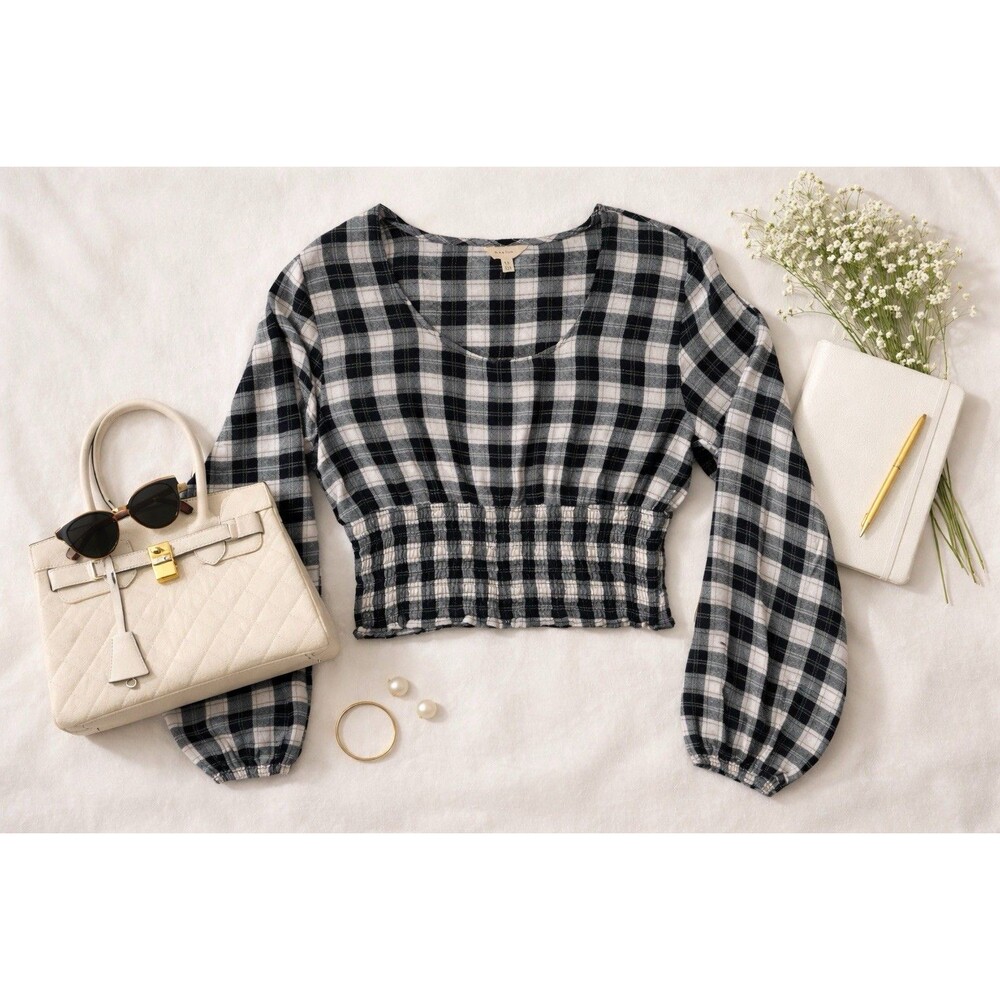 Sim & Sam Plaid Smocked Waist Crop Blouse XL